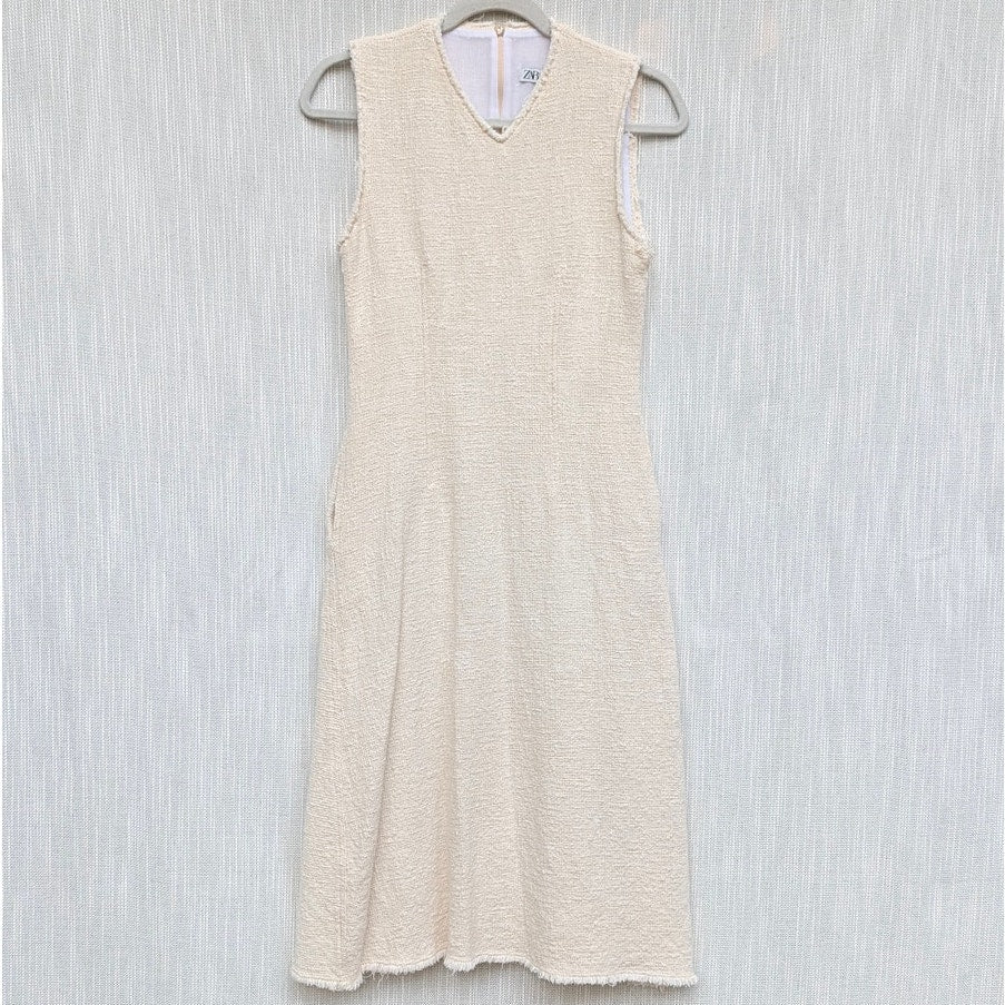 Zara Dress Womens S Cream Tweed Cotton Sleeveless V-neck A-line Midi