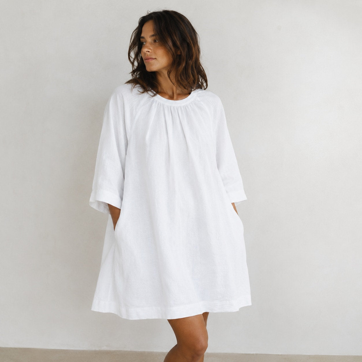 Jenni Kayne Linen August Dress Womens L White Relaxed Mini Shirt 3/4 Sleeve
