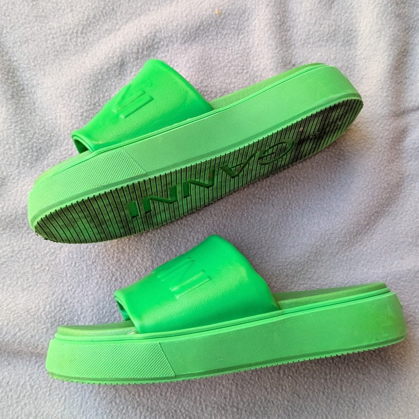 Ganni Green Rubber Round Open Toe Logo Slide Sandals, size EU39/US8