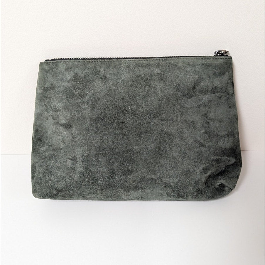 Brunello Cucinelli Green Suede Leather Pouch Cosmetic Bag Rare Womens Zipper