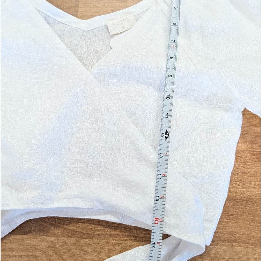 Posse Mia Linen Crop Top Womens S White Knot Detail V-neck Half Sleeve