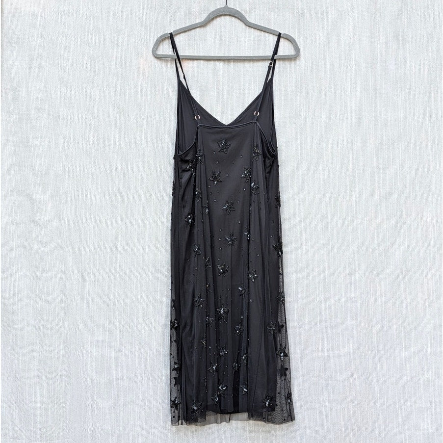 P.A.R.O.S.H Galax Star Embellished Mesh Slip Dress Womens M Black Beaded Midi