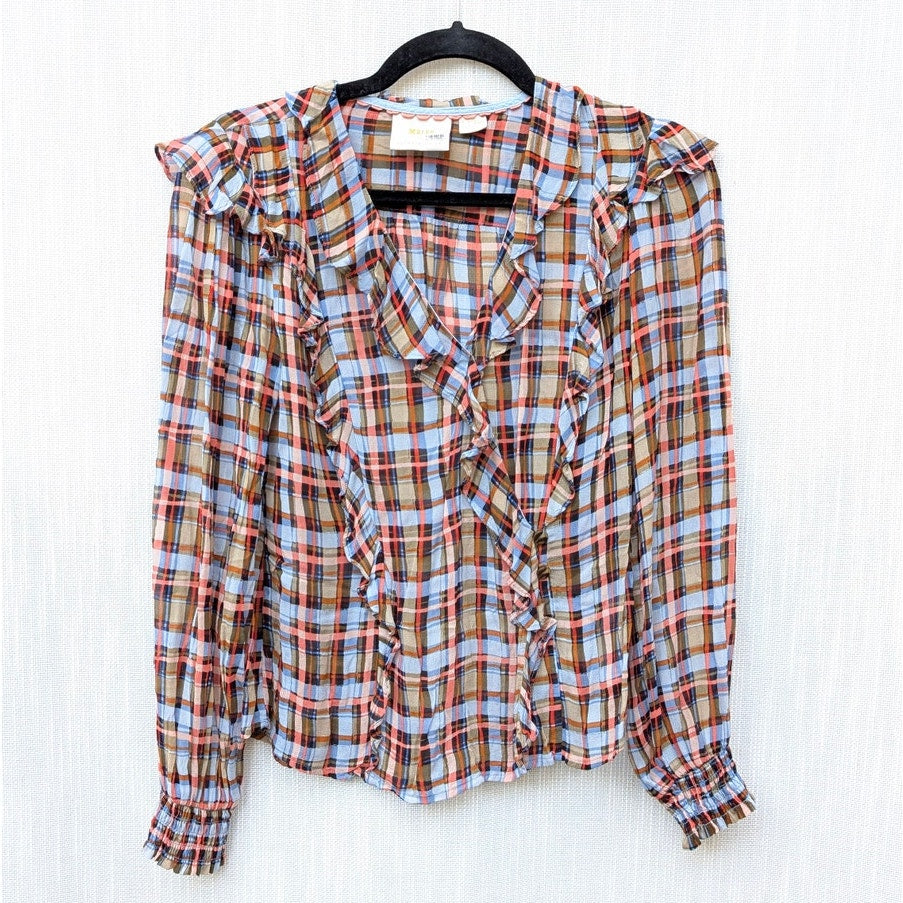 Anthropologie Maeve Laila Chiffon Ruffle Plaid Long Sleeve Wrap Blouse, size 4