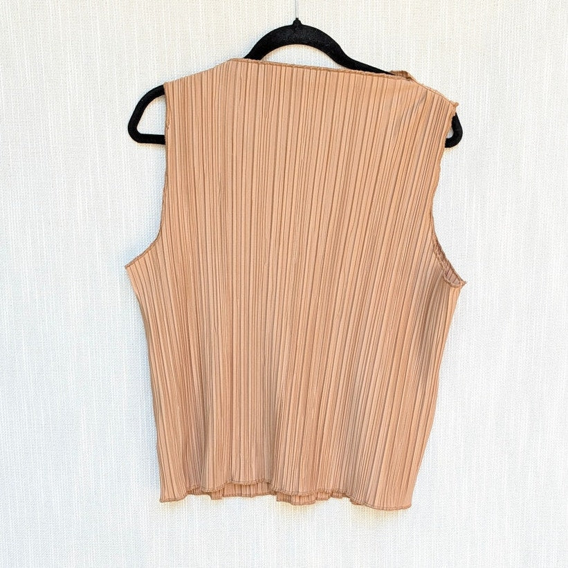 Anine Bing Rondi Pleated Top Womens L Brown Crepe Sleeveless Straight Mock Neck