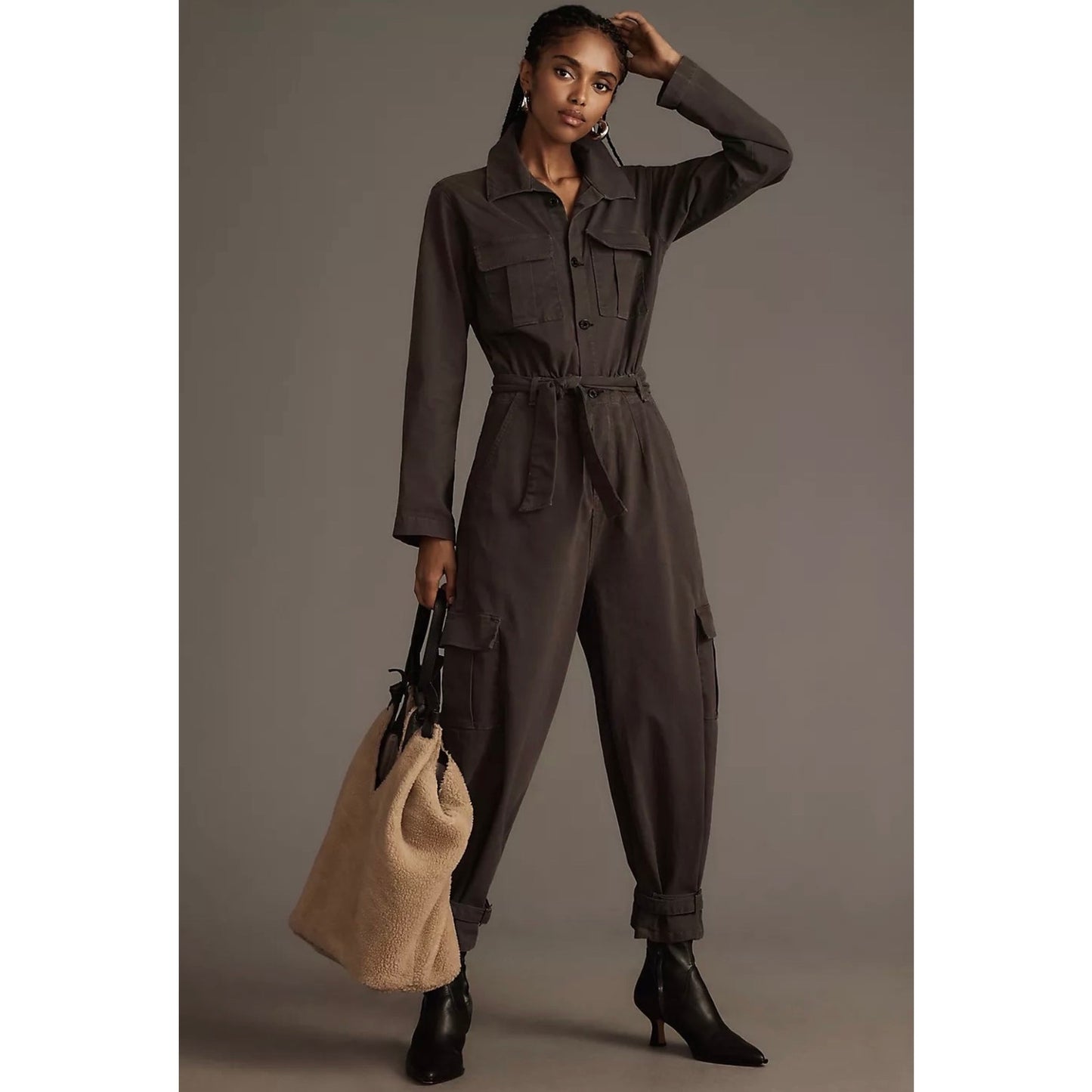 Anthropologie ASKK NY Cargo Jumpsuit Womens 1 Long Sleeve Button Front Wide Leg