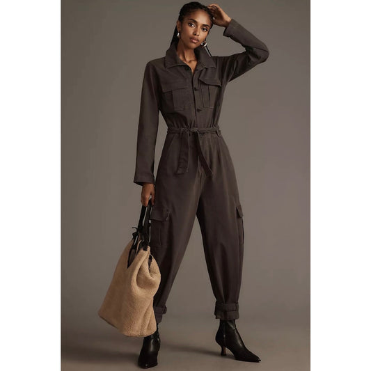 Anthropologie ASKK NY Cargo Jumpsuit Womens 1 Long Sleeve Button Front Wide Leg