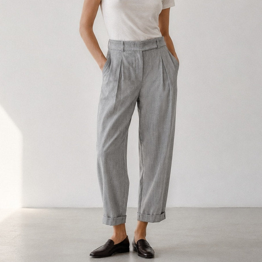 Brunello Cucinelli Wool/Linen Pants Womens 10 Gray High-rise Tapered Trousers
