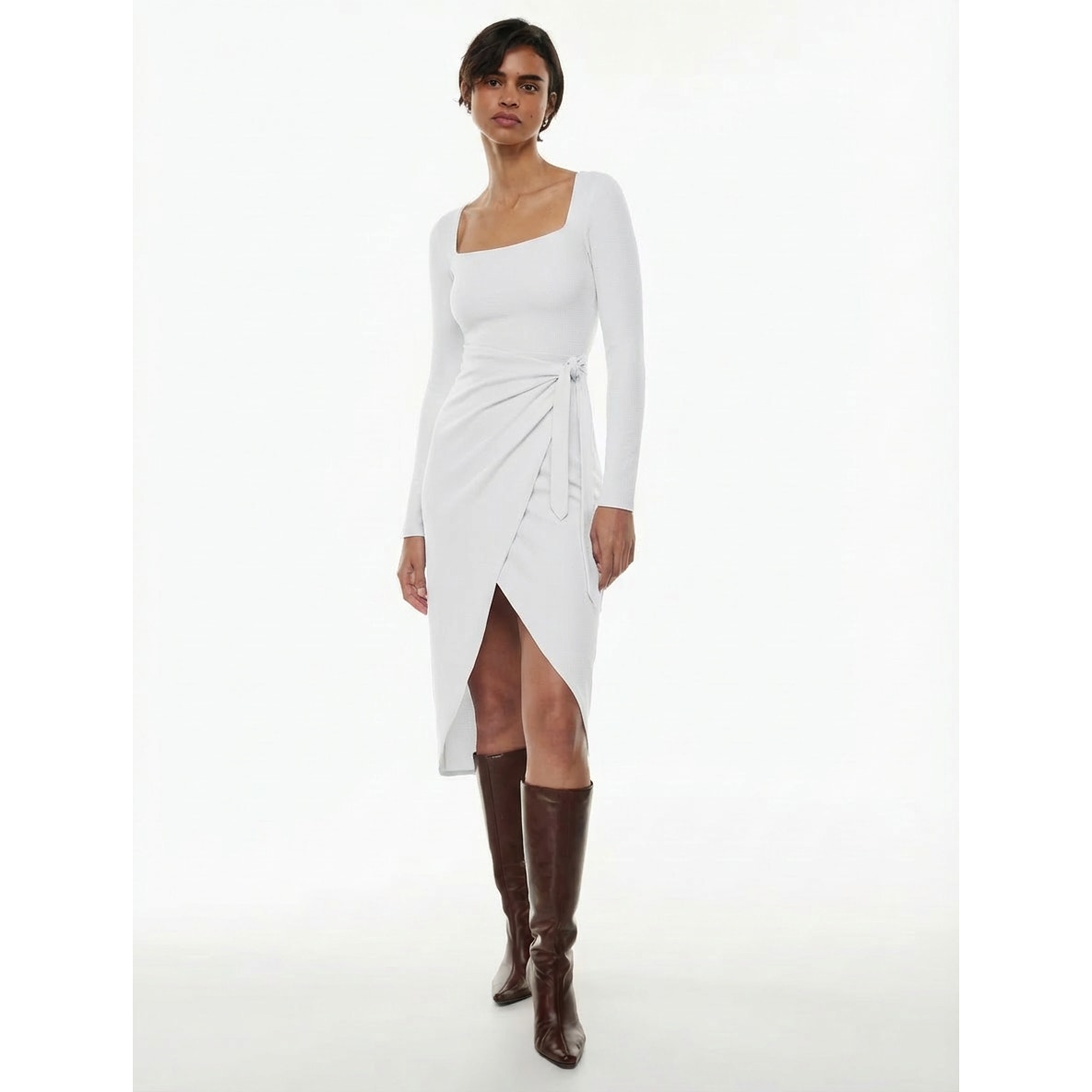 NWT Aritzia Wilfred Saturn Long Sleeve Frozen Gray Faux Wrap Midi Dress, size L