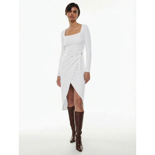 NWT Aritzia Wilfred Saturn Long Sleeve Frozen Gray Faux Wrap Midi Dress, size L