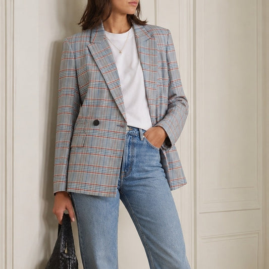 Rag & Bone Elise Wool Blend Plaid Blazer Womens 2 Gray/Blue Double-breasted