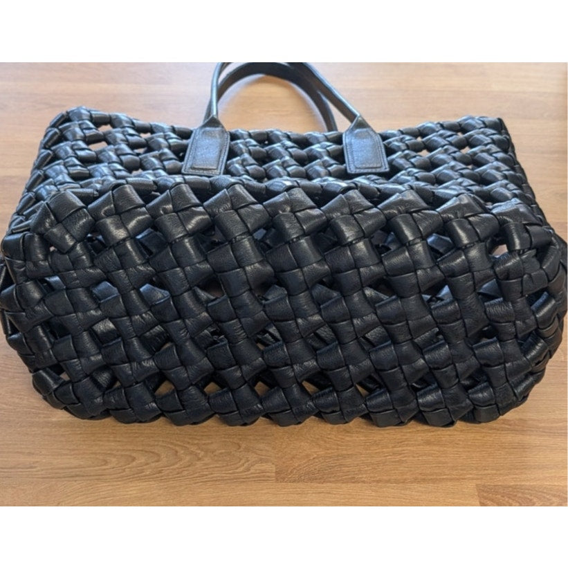 Black Genuine Leather Woven Tote Bag Large Shoulder Handbag Open Top Womens