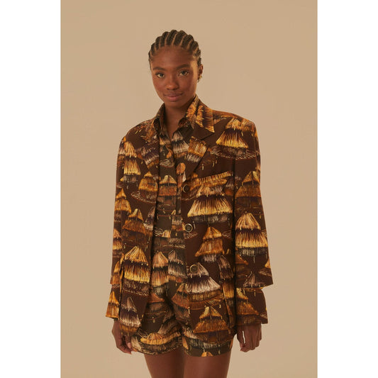 Farm Rio Shuhu Brown Cutout Single-breasted Long Sleeve Blazer Jacket, size L