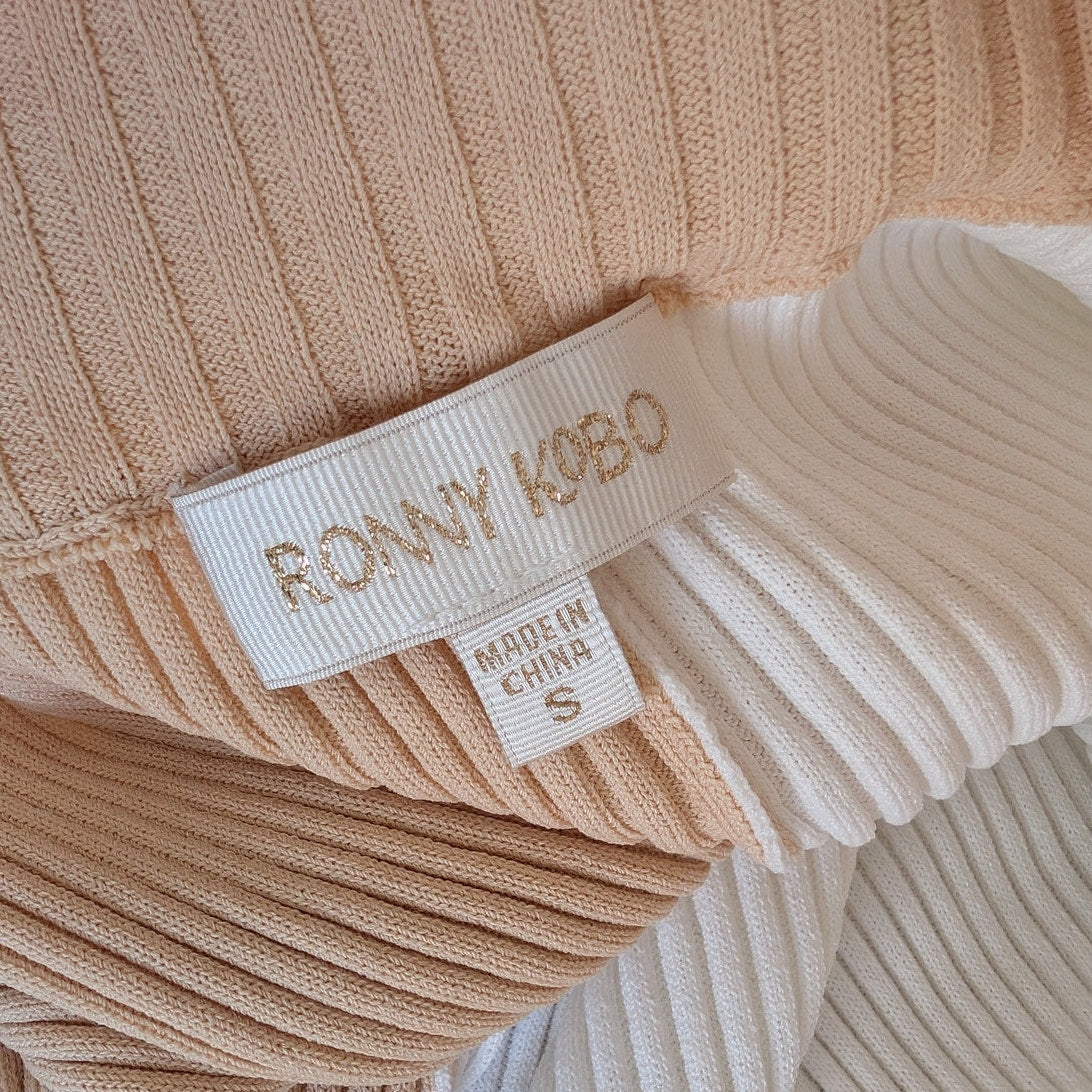 Ronny Kobo Two Tone Ribbed Knit Wide Leg Coloroblock Cream/White Pants, size S