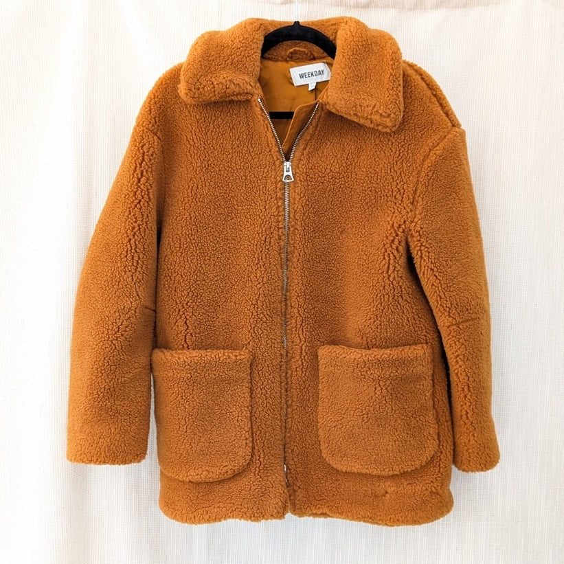 Weekday Felice Fleece Long Sleeve Full Zip Teddy Coat Jacket, size XS