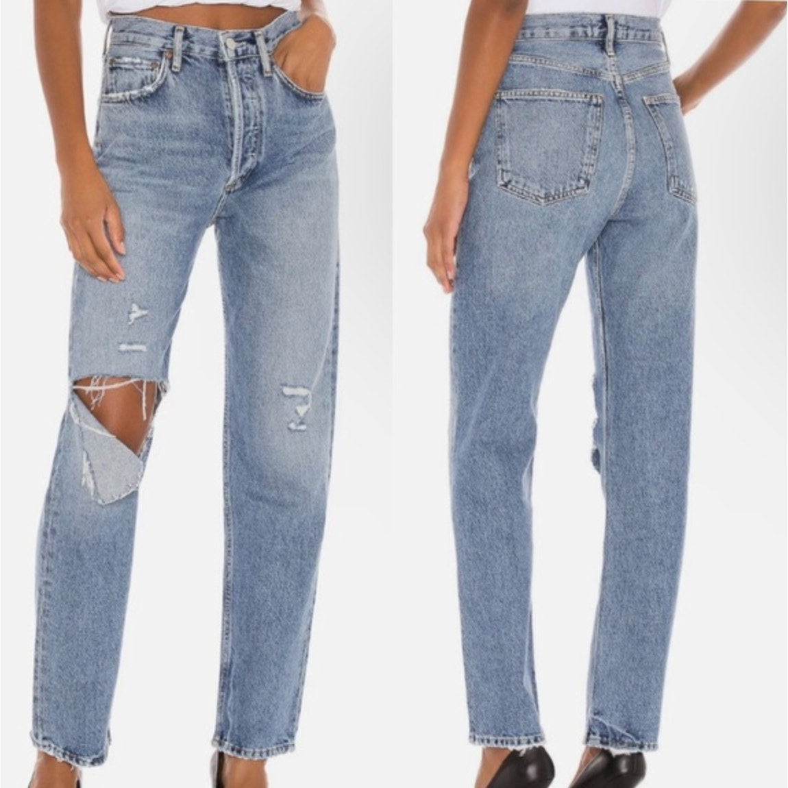 Agolde 90's Pinch Waist Lineup Blue Distressed High-rise Straight Jeans, size 25