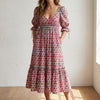 Eddy Hayley Red Floral Print Puff Sleeve Cotton Tiered Midi Dress, size L