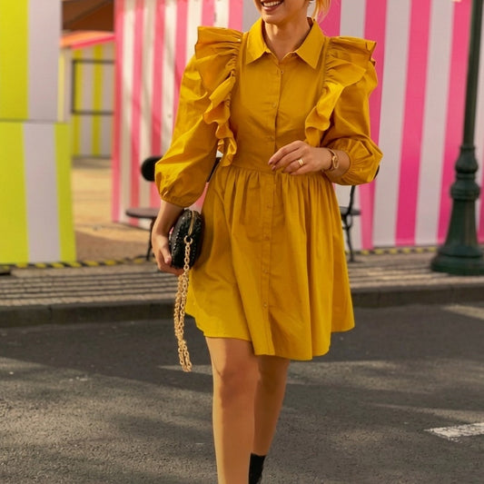 Zara warm yellow short dress with lapels collar, size XS