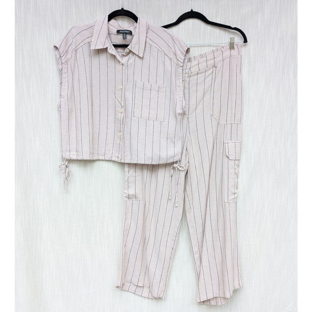 Ellen Tracy Linen-Blend Shirt and Linen-blend Cropped Cargo Pants, size L