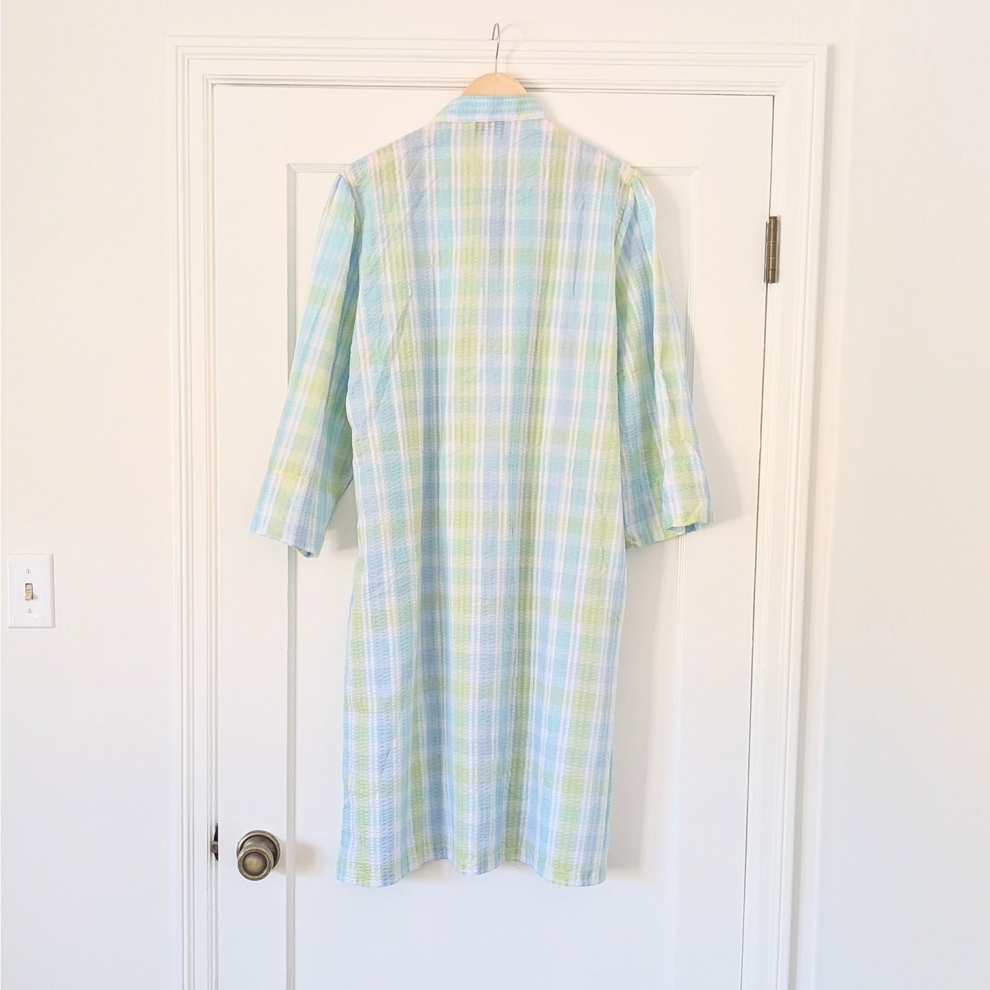 Metropolitan plaid blue/yellow long sleeve cotton blend midi shirt dress, size 1X