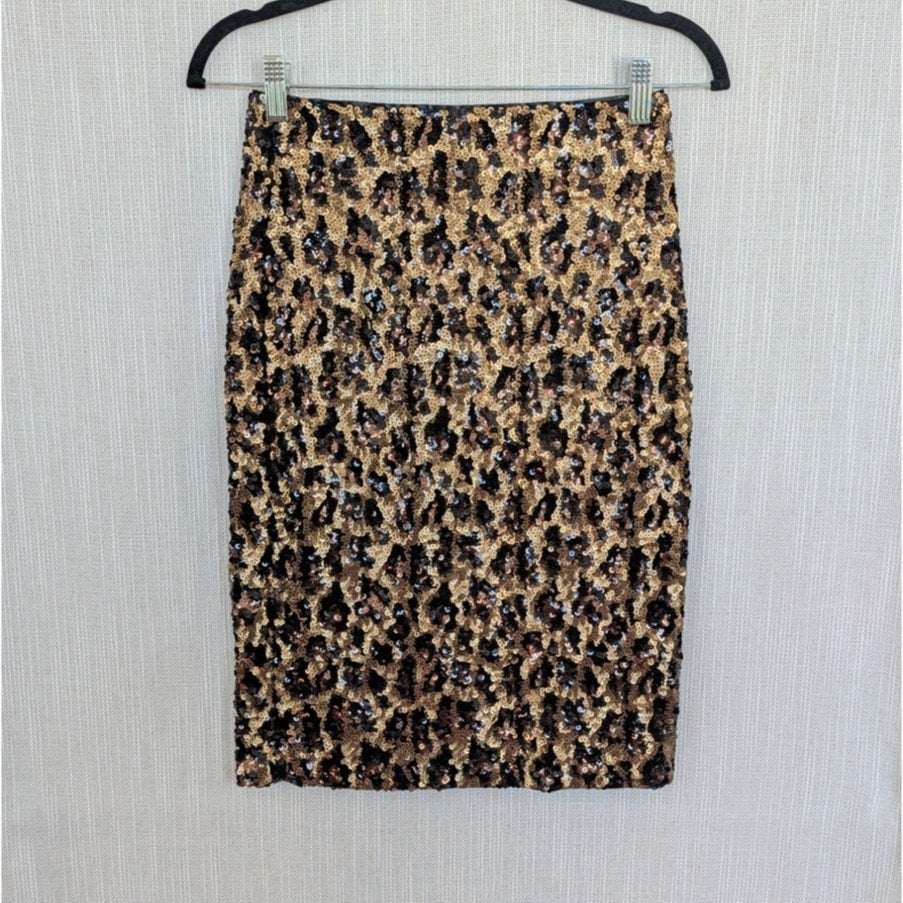 Alice+Olivia Sequin Animal Leopard Midi Skirt Womens 4 Gold/Black Straight
