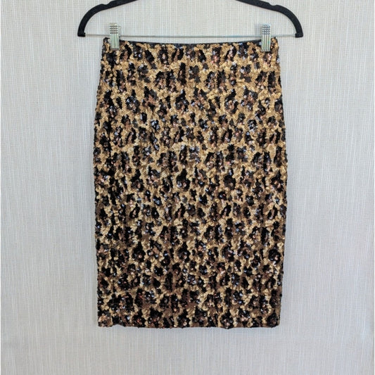 Alice+Olivia Sequin Animal Leopard Midi Skirt Womens 4 Gold/Black Straight