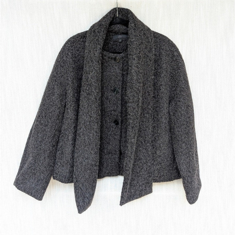 Zara Short Boucle Coat with Scarf 6318/295/922 Womens XL Dark Gray Button Front