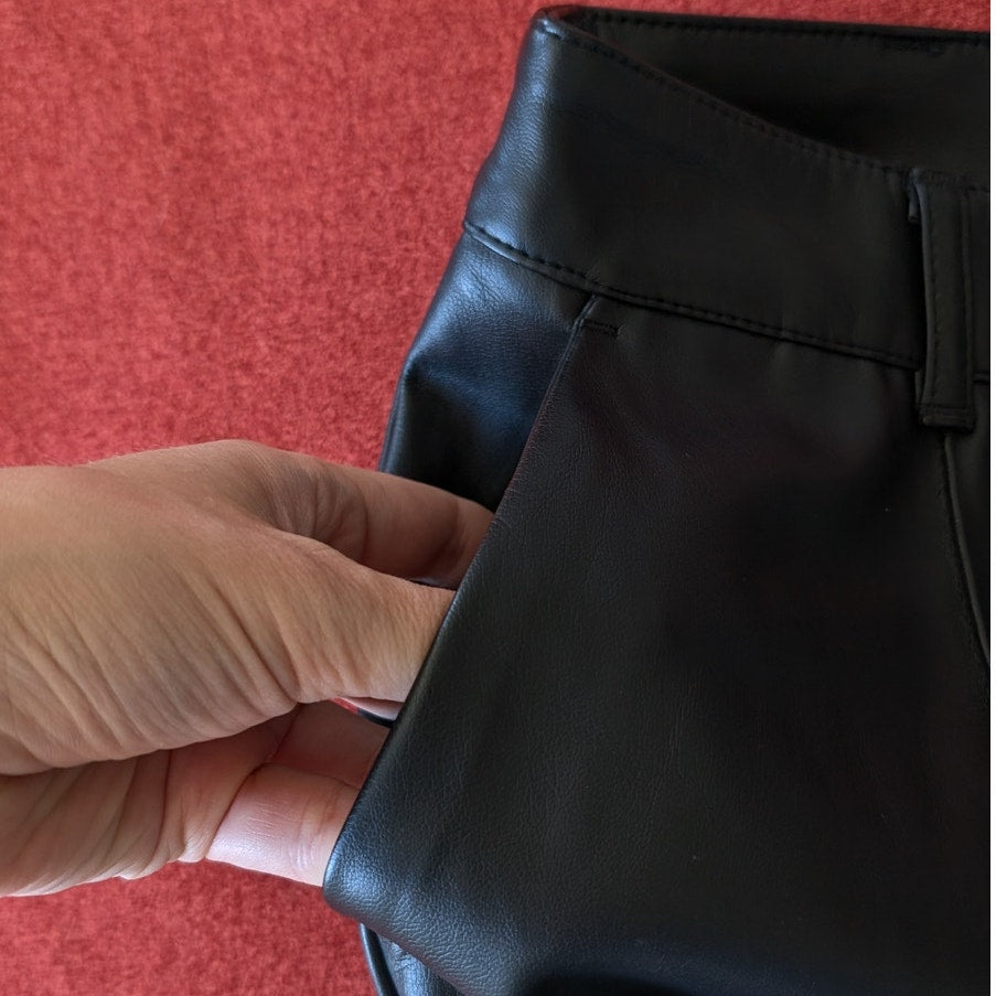 NA-KD x Angelica Blick Black Faux Leather PU Mid Rise Pants, size 36/US 6/S