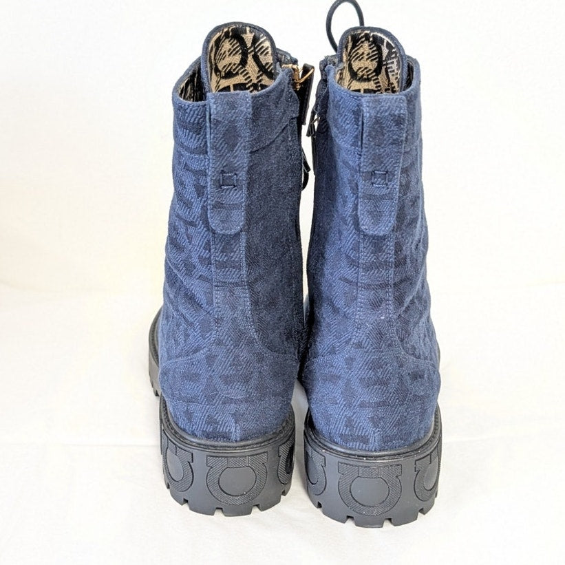 Salvatore Ferragamo Navy Gancini Monogram Denim Biker Combat Boots Womens 9.5