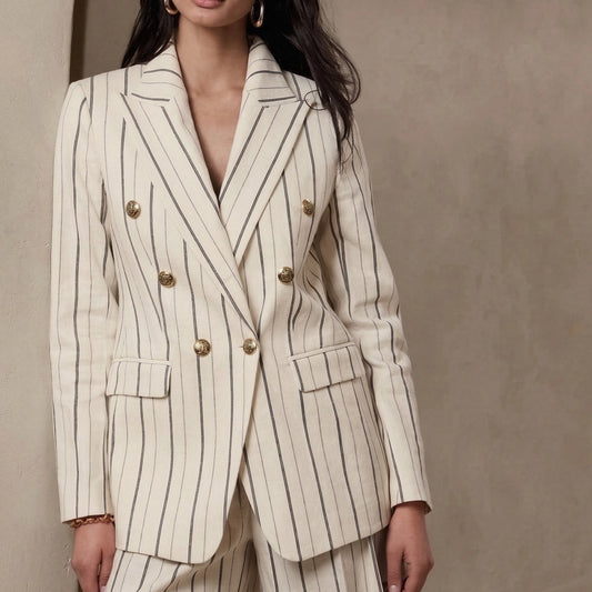 Banana Republic Alva Double-breasted Blazer Womens 4 Stipe Linen/Cotton 579142