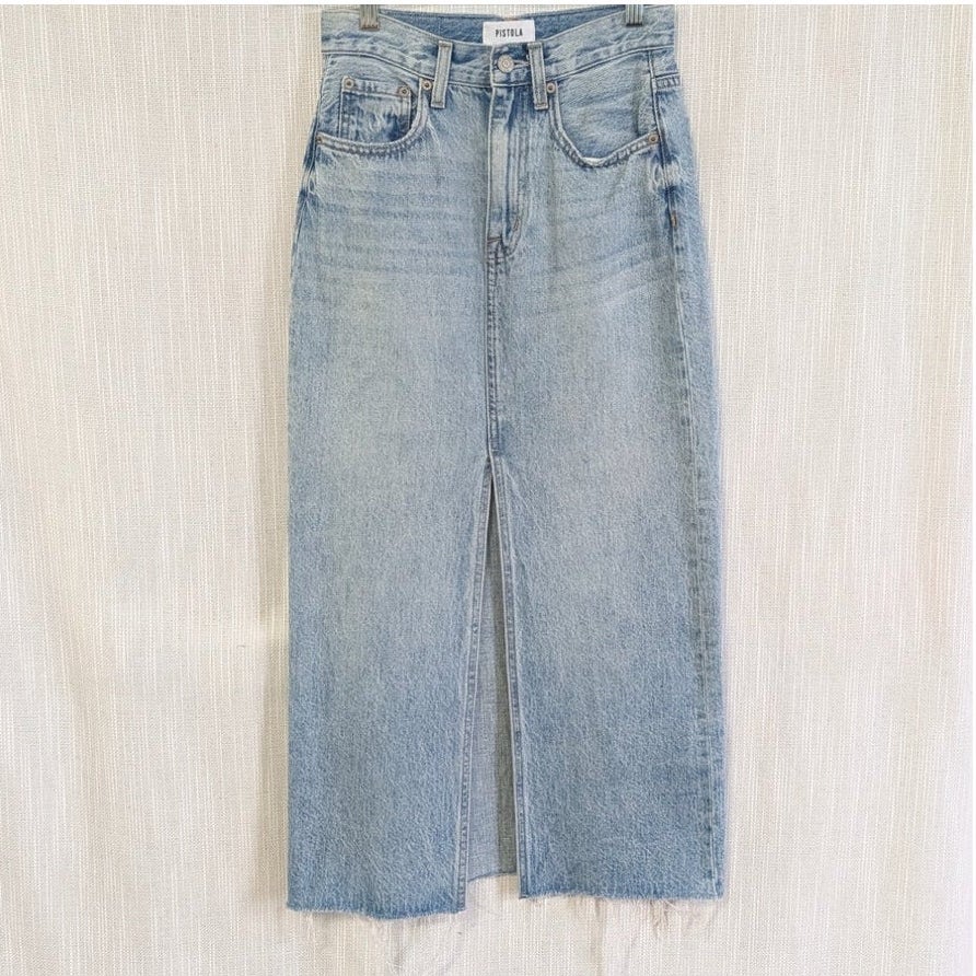 Pistola Alice Denim Midi Skirt Brooklyn Light Blue Front Slit Raw Hem Size 24