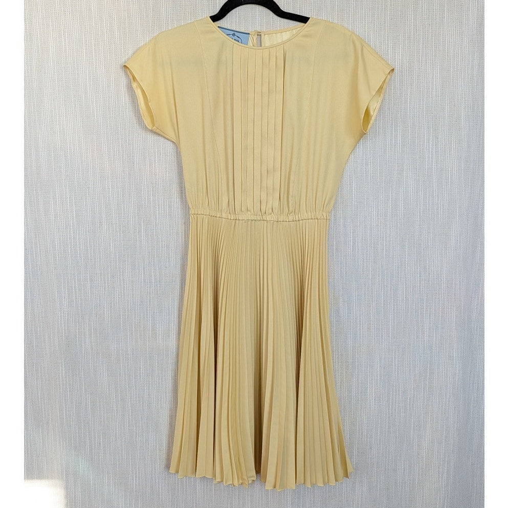 PRADA Pleated Short Sleeves Dress Womens IT40/S Yellow Crew Neck Knee Length