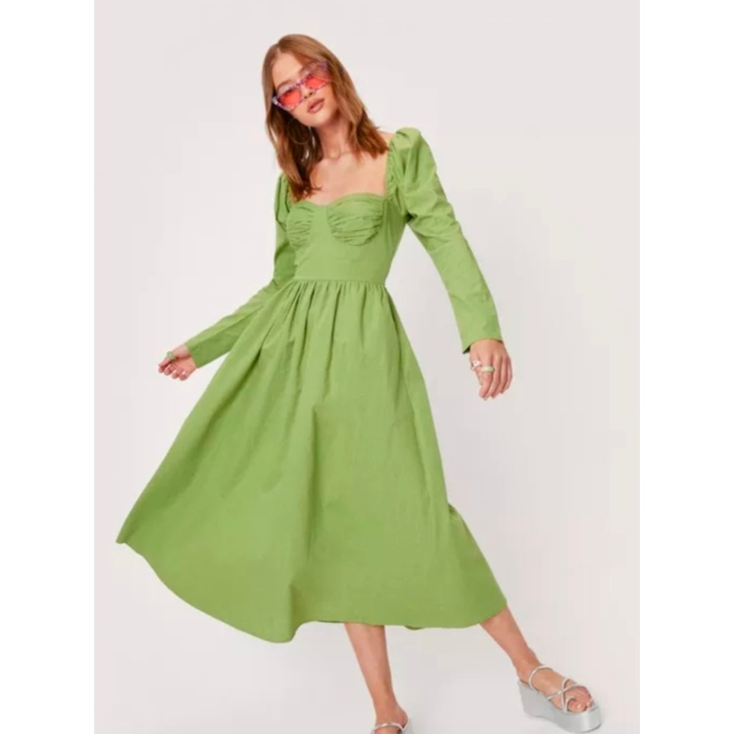Nasty Gal Green Ruched Bust Open Tie Back Long Sleeve Fitted Midi Dress, size 6
