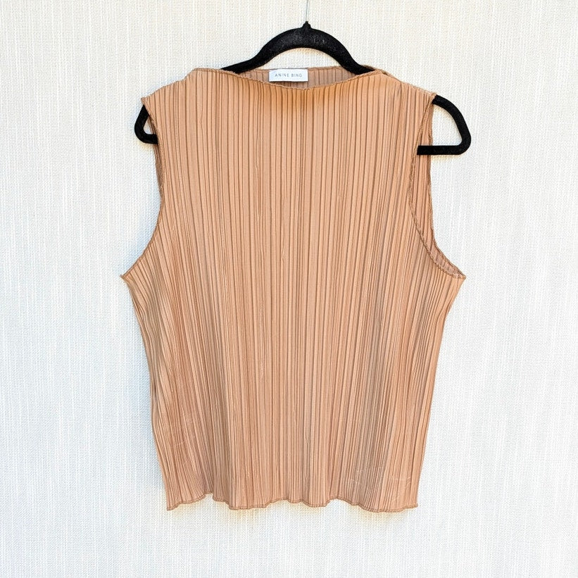 Anine Bing Rondi Pleated Top Womens L Brown Crepe Sleeveless Straight Mock Neck