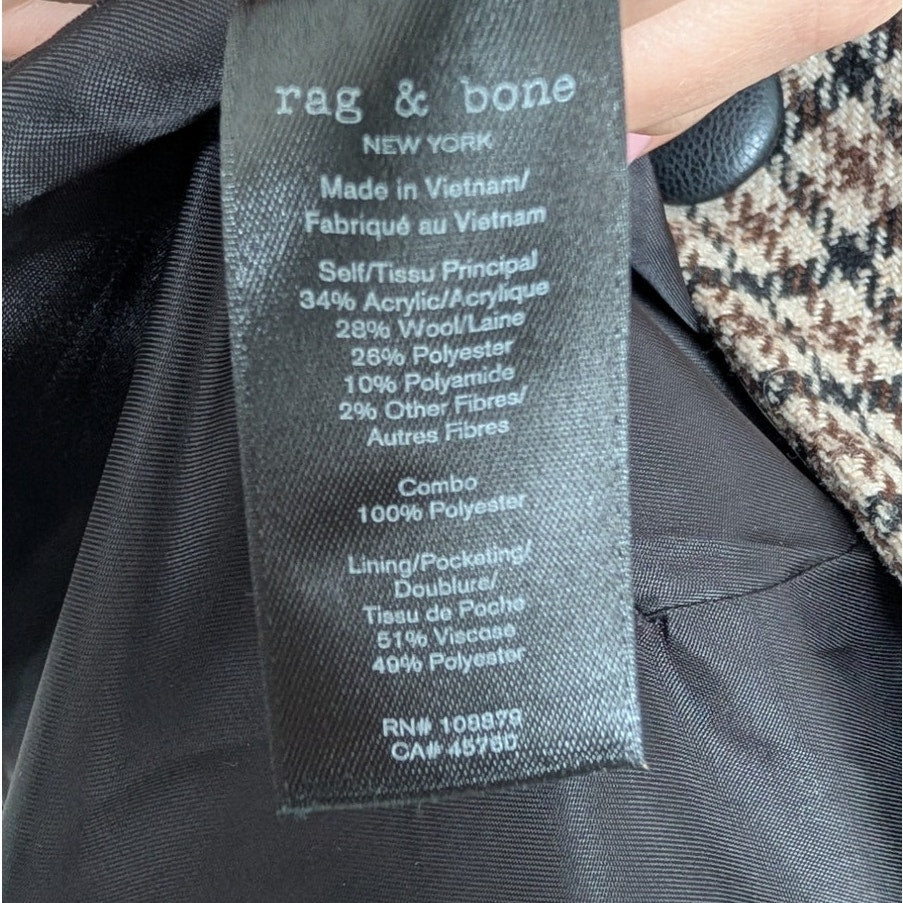 Rag&bone Drew Italian Houndstooth Wool Blazer Womens 0 Brown Single-breasted