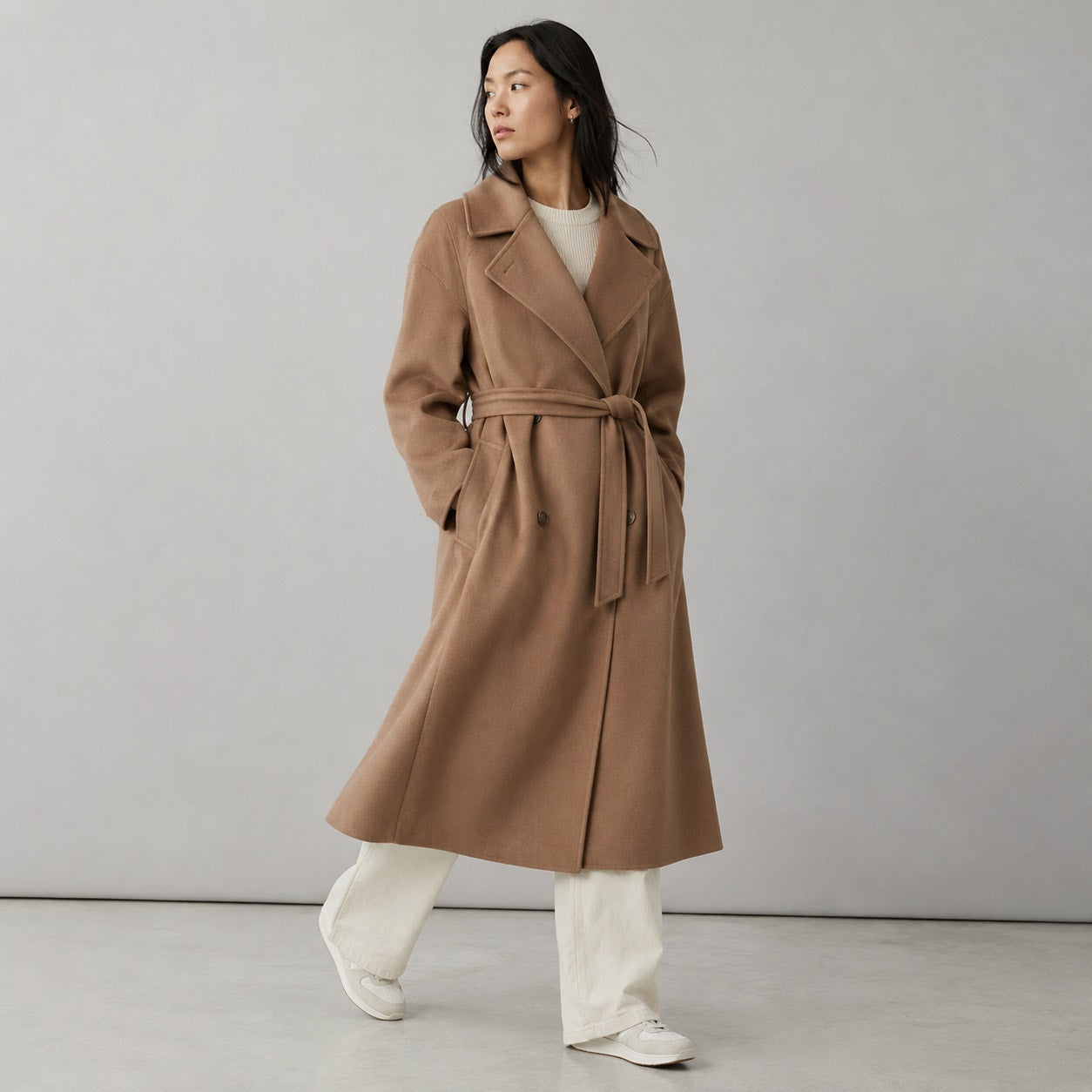 Weekend Max Mara Camel Tan Double-Breasted Wool Coat Womens 8 Belted Italy