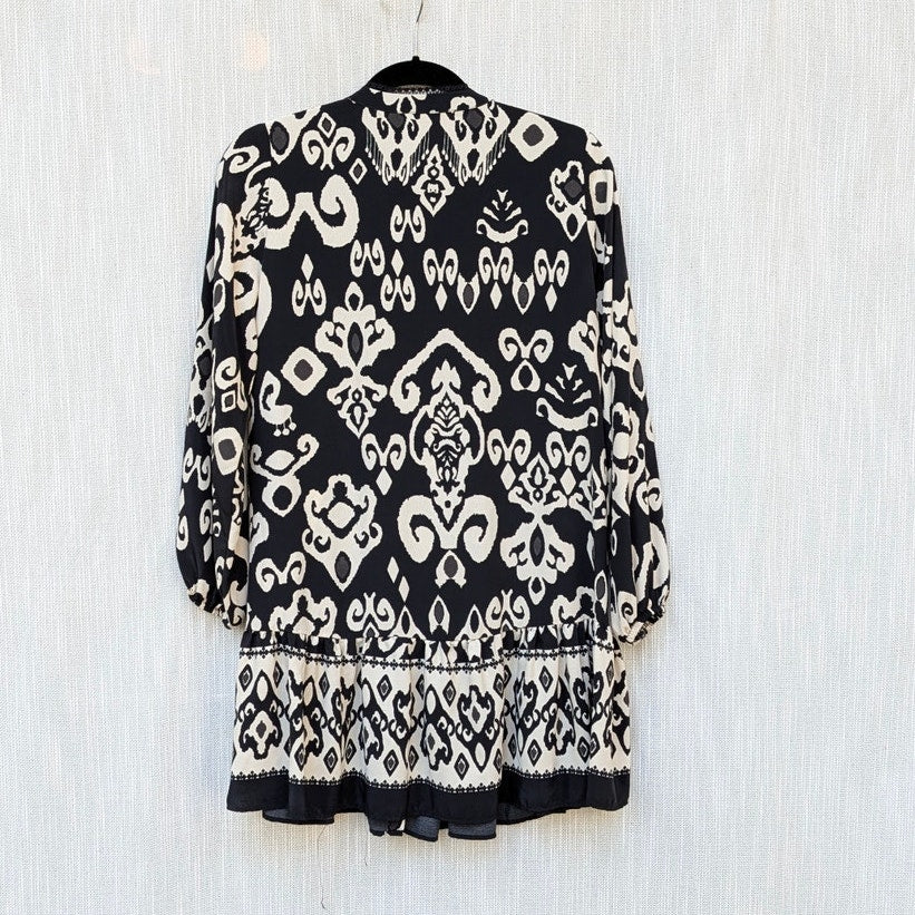 Zara Dress Womens S Black/White Printed Long Sleeve V-neck Relaxed Shirt Mini