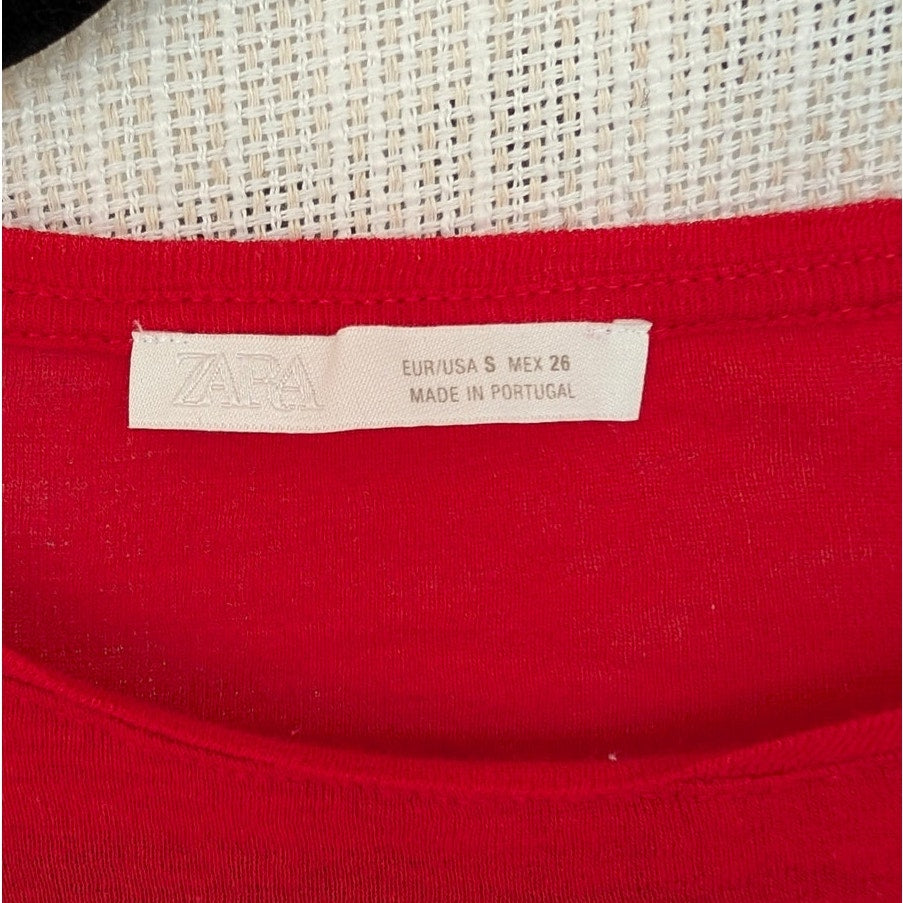 Zara Supima Long Sleeve T-shirt Top 0858/613/600 Womens S Red Round Neck
