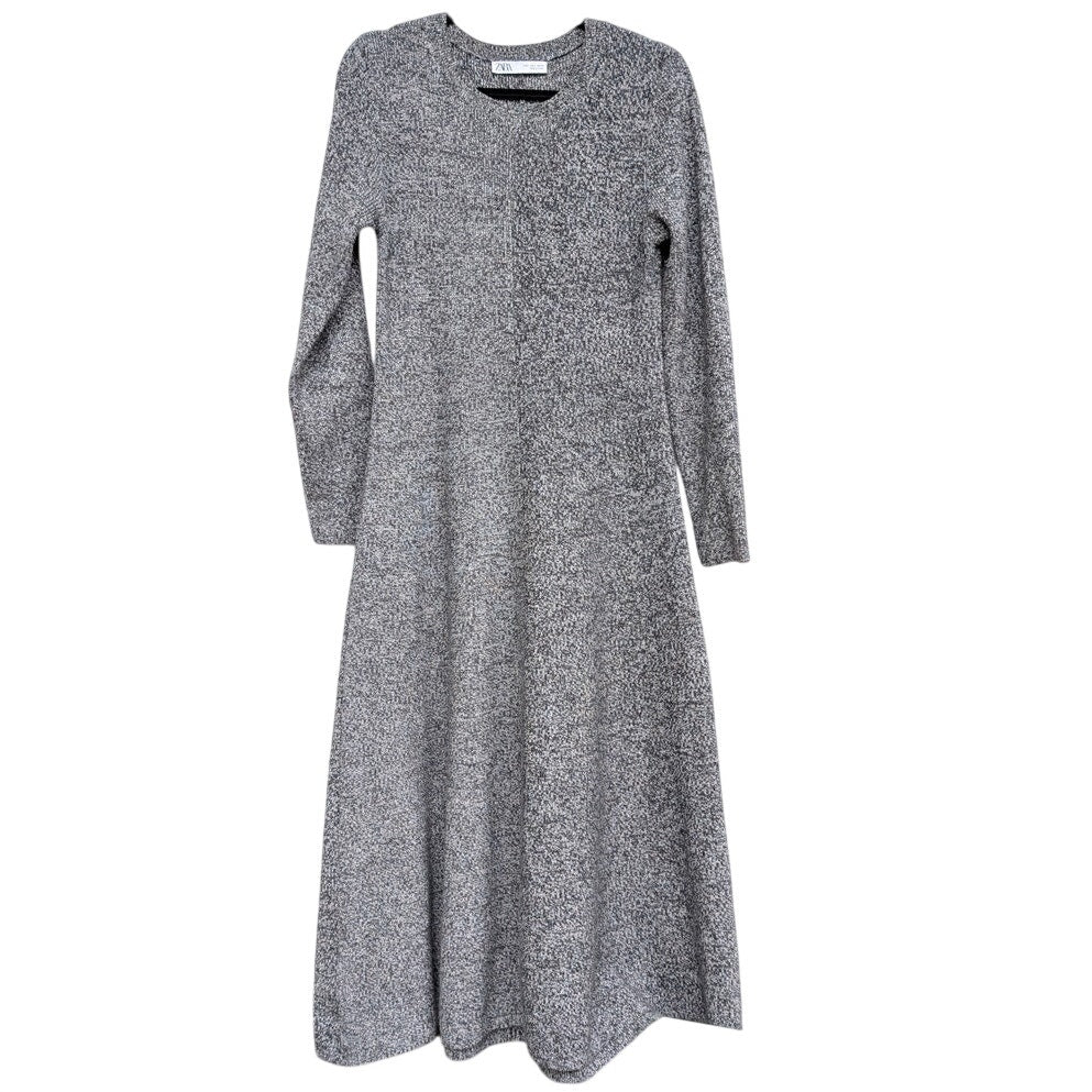 Zara Dress Womens L Gray Melange Knit Round Neck Lomg Sleeve Midi Maxi