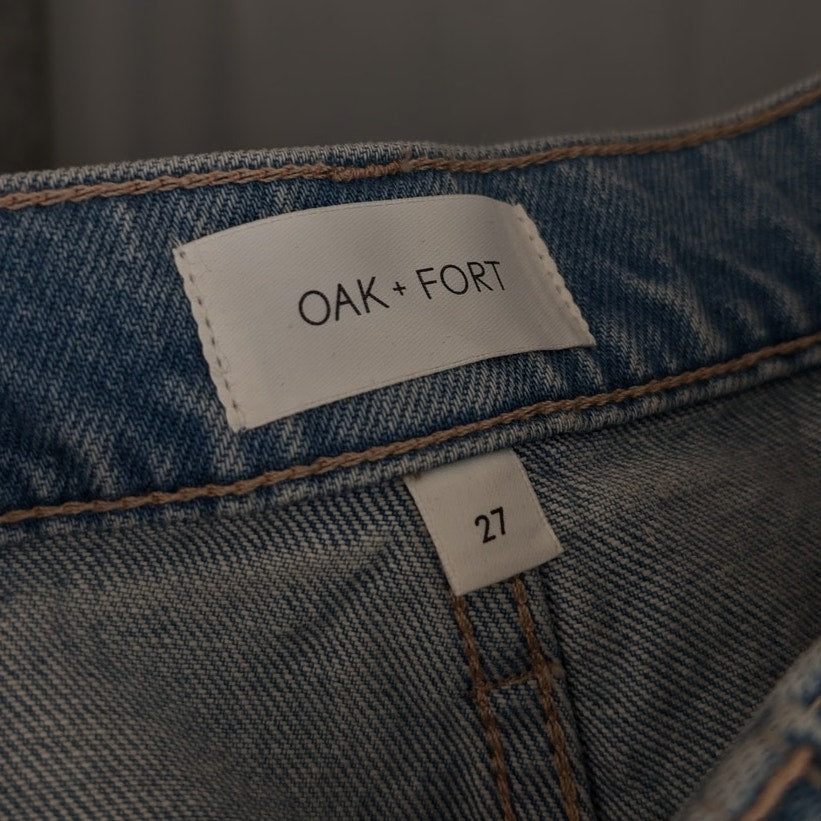 Oak + Fort Blue Denim Straight Leg Relaxed Fit Jeans in medium Stone, size 27