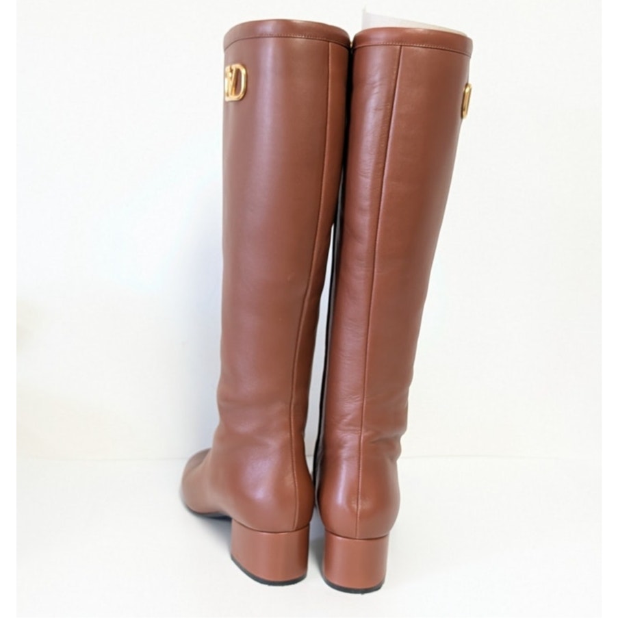 Valentino Garavani VLOGO Leather Knee High Heeled Boots Womens EU40/US 10B Brown