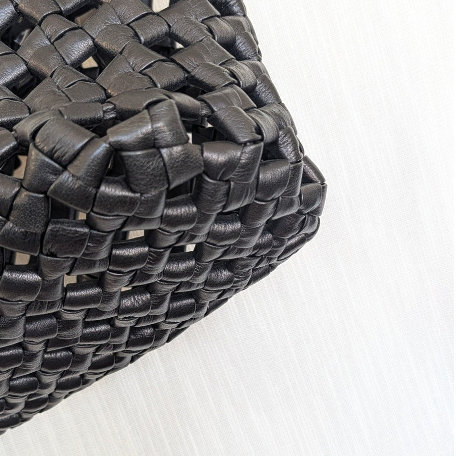 Black Genuine Leather Woven Tote Bag Large Shoulder Handbag Open Top Womens