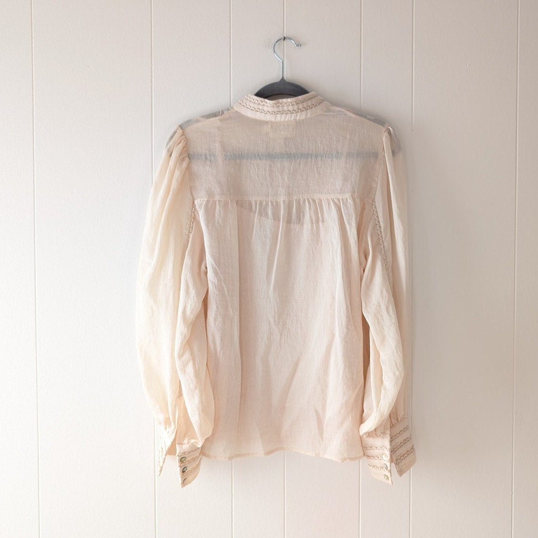 NWOT MOS The Label Ivory Meadow Blouse Button Linen Blend Long Sleeve Top, size US 6