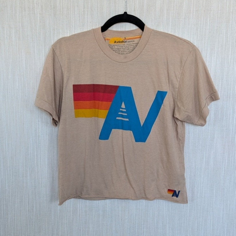Aviator Nation Logo Tee Unisex Womens S Tan Crewneck Short Sleeve Boyfriend
