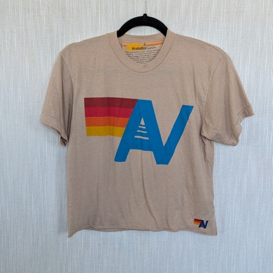 Aviator Nation Logo Tee Unisex Womens S Tan Crewneck Short Sleeve Boyfriend