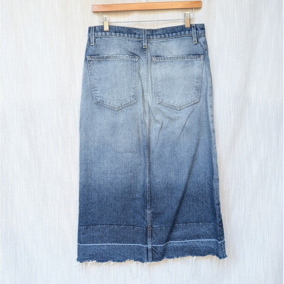 Current/Elliott The Slit Denim Ombre Straight Midi Raw Hem Skirt, size 27