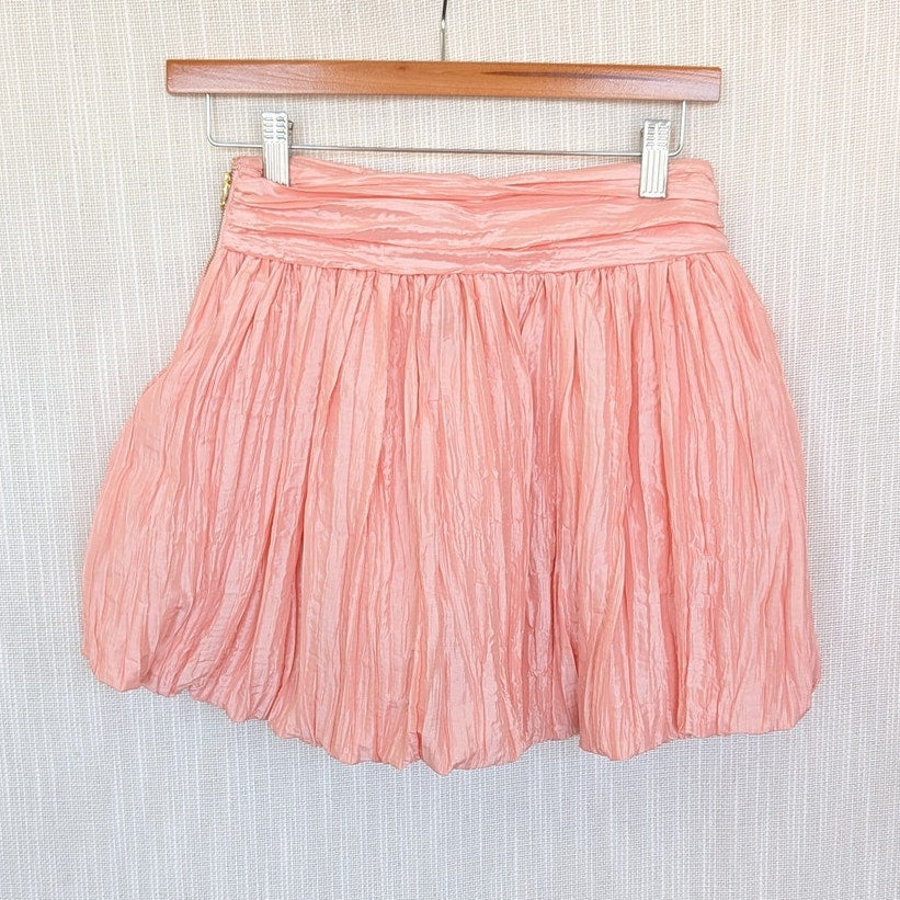 LoveShackFancy Roisen Skirt Womens 0 Pink Crinkled Taffeta A-line Mini