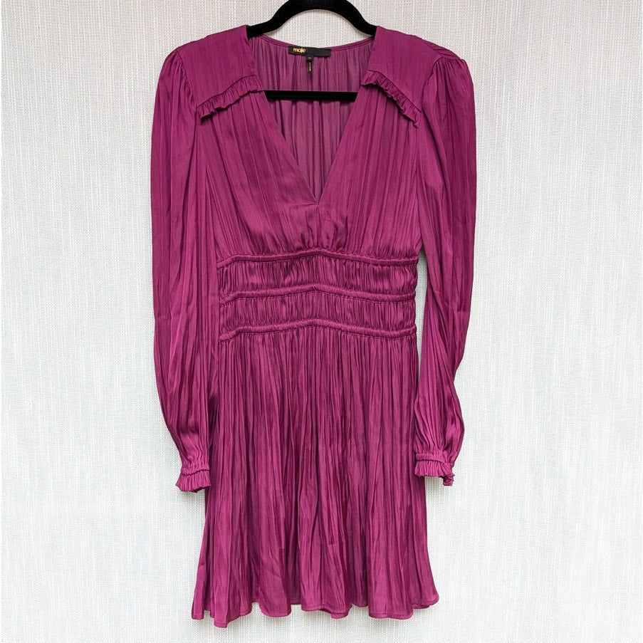 Maje Rianne Flowing Satin Mini Dress Womens FR 36/ S Purple V-neck Long Sleeve