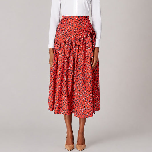 Carolina Herrera Poppy Heart Print Midi Skirt Womens 10 Red High-rise A-line