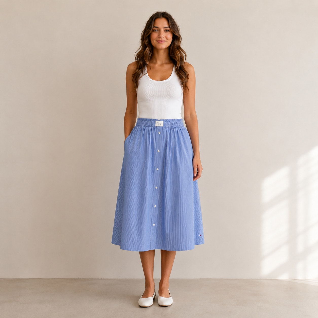 Tommy Hilfiger Skirt Womens EU34/XS Blue Striped Cotton Button Front A-line Midi