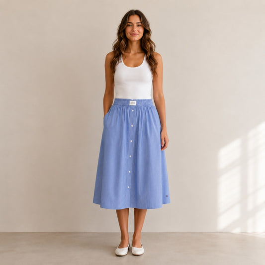 Tommy Hilfiger Skirt Womens EU34/XS Blue Striped Cotton Button Front A-line Midi